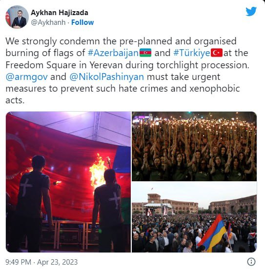 Rəsmi Bakı İrəvanda Azərbaycan və Türkiyə bayraqlarının yandırılmasını pisləyib