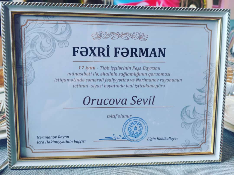 PEDİATR HƏKİM FƏXRİ FƏRMANLA TƏLTİF OLUNDU.